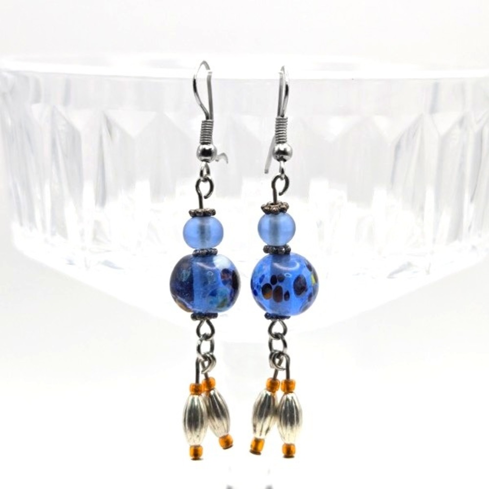 Handmade Blue Painted Art Glass Beaded Earrings Silvertone Hooks Drop Dangle
